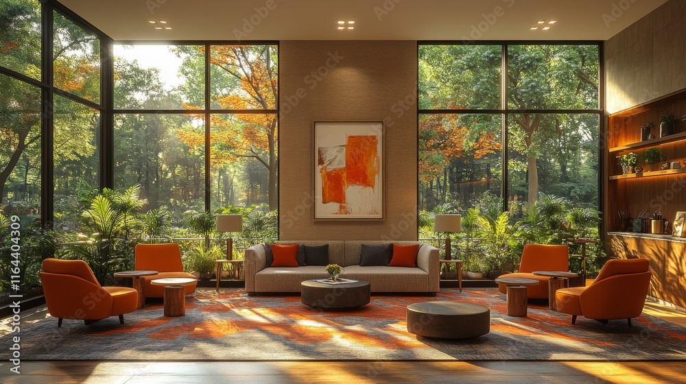 Aufkleber a spacious lounge area features orange and neutral furniture, surrounded by lush greenery. sunlight 