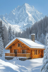 Photo r&eacute;aliste professionnelle d&rsquo;un chalet en bois rustique entour&eacute; de pins recouverts de neige, avec un sommet de montagne enneig&eacute; visible en arri&egrave;re-plan.