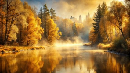 Golden Autumn River Mist Serene Fall Landscape at Sunrise