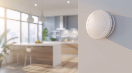 Carbon Monoxide Detector on White Wall with Blurred Modern Kitchen Background, Focusing on Safety and Awareness