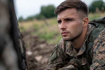 Fototapeta premium A soldier is captured in a contemplative moment, surrounded by nature, reflecting the personal side of military service amidst a backdrop of tranquility.