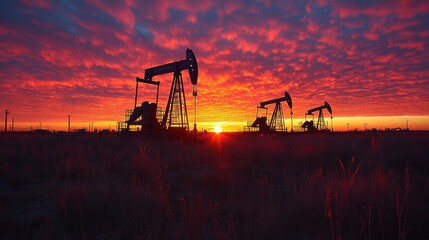 Oil pump jacks silhouetted against a vibrant sunset.