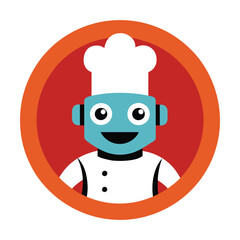 A friendly robot chef mascot logo featuring a cheerful, metallic robot with a chef hat, holding a cooking utensil, exuding warmth and culinary creativity.