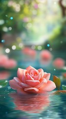 rose flower on floating on river with blur garden as background 