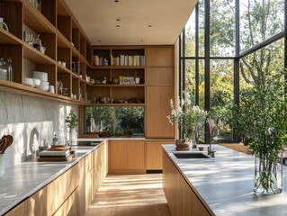 A kitchen with a large window and a counter with a vase of flowers. The kitchen has a lot of cabinets and a sink