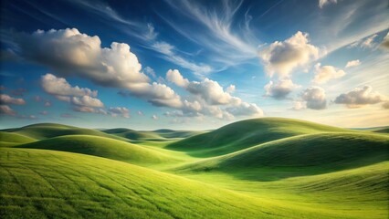 Obraz premium Serene Landscape of Rolling Green Hills Under a Vivid Blue Sky with Puffy White Clouds