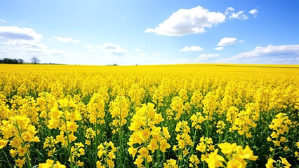 Obraz premium Canola field: A vibrant field of golden-yellow canola flowers in full bloom, stretching endlessly under a bright blue sky with a few fluffy white clouds, creating a warm and cheerful spring atmosphere