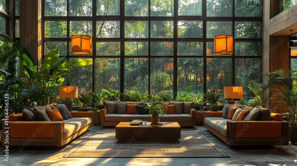 Leinwandbilder spacious living room features large windows that allow natural light to flood in. comfortable seatin