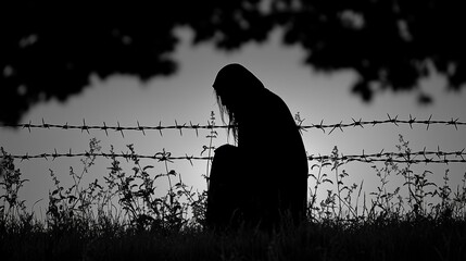 Barbed wire backlit in silhouette, dramatic sky. Borders between nations. Search for freedom. Refugees leaving their homes. Generative Ai