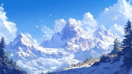 Obraz premium Majestic snow-capped mountains under a bright blue sky with fluffy white clouds and lush green foreground