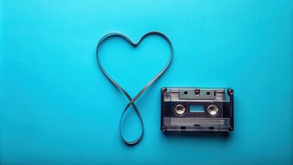 A classic audio cassette tape and its magnetic tape formed into a heart shape on a vibrant blue background.