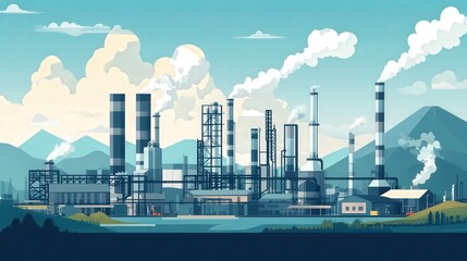 Industrial complex with smokestacks against mountains during daytime under a clear sky
