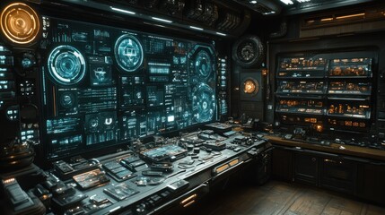 Futuristic control room with advanced technology and illuminated interfaces.