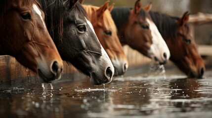   A group of horses standing in a pool of water, their heads above the surface