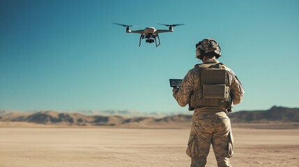 A military member stands in a barren desert area, skillfully controlling a drone. The bright blue sky provides a stark contrast to the sandy terrain and rocky mountains in the distance