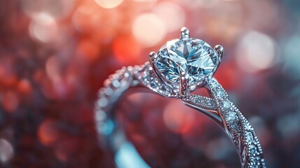 A dazzling diamond ring is prominently displayed with detailed craftsmanship, capturing light against a vibrant bokeh backdrop that adds a dreamy quality to the composition