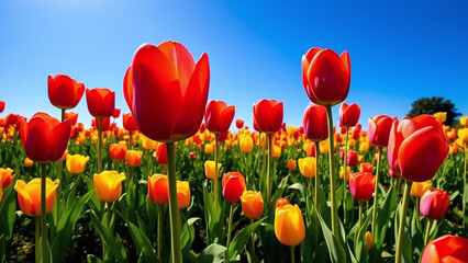 Obraz premium Tulip garden: A lush garden filled with colorful tulips in shades of red, pink, yellow, and orange, their delicate petals glowing in the sunlight against a clear blue sky