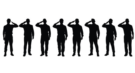A set of saluting army soldiers silhouette vector illustration