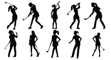 A set of women golfers silhouette vector illustration