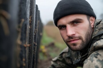 Obraz premium A focused young soldier in tactical gear positioned for action, showcasing determination and readiness in a military environment, set against a natural landscape.