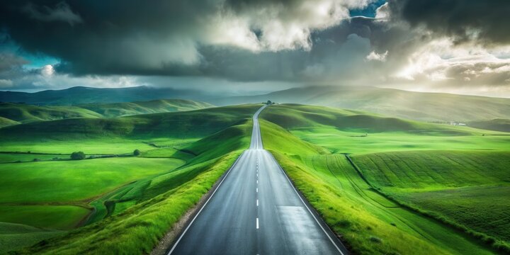 Asphalt road winding through vibrant green rolling hills under a dramatic sky