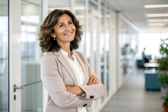 Smiling confident 45 years old Latin professional middle aged business woman corporate leader, happy mature female executive, lady manager standing in office arms crossed looking at camera, portrait