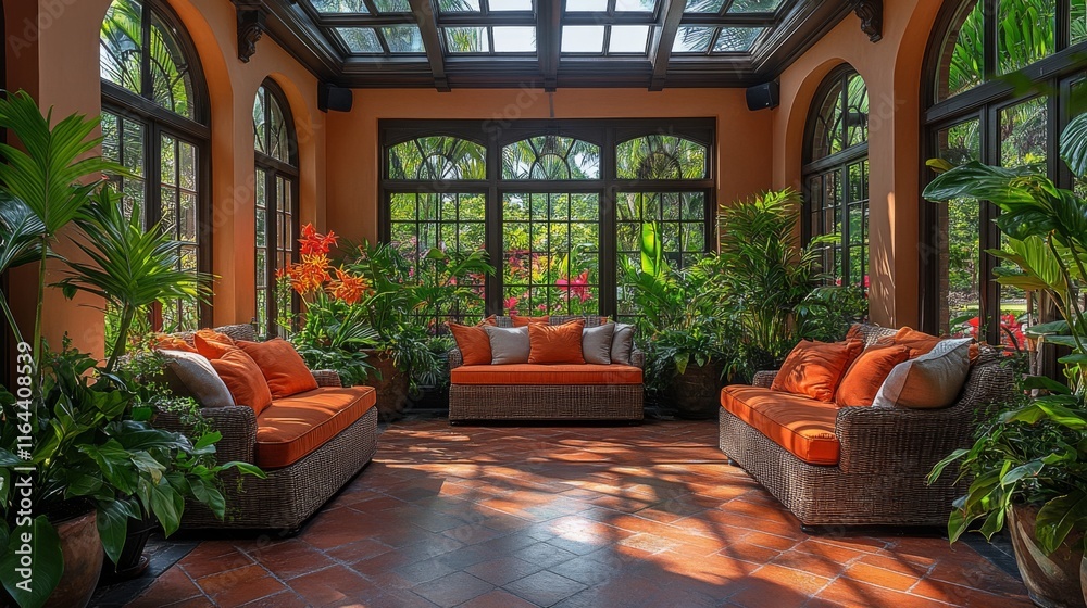 Poster a welcoming indoor lounge showcases plush orange seating surrounded by lush greenery. sunlight filte