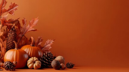A collection of pumpkins in various sizes rests against a rich orange background. Autumn leaves, pine cones, and acorns embellish the arrangement, creating a warm seasonal ambiance