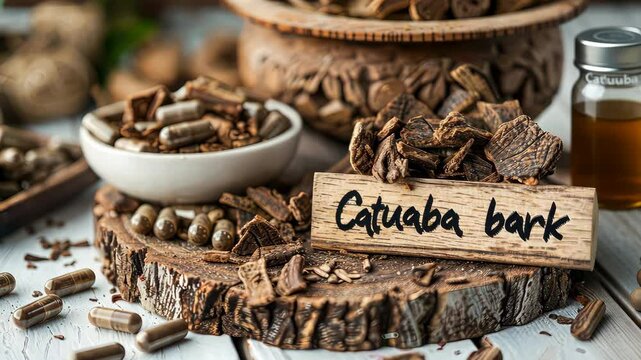 Catuaba bark in supplement capsules. Selective focus. nature.