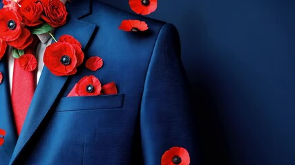 Anzac day tribute with poppy pins on blue suit for remembrance commemoration