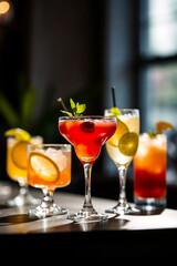 Refreshing cocktails sharply in focus, soft background blur, diffused shadows, subtle soft light illumination, bokeh effect