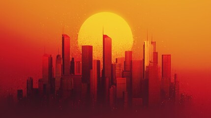 City silhouette, golden gradient, red background, minimalism, new gongbi 