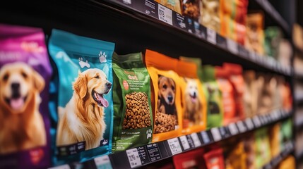 Colorful display of dog food bags in a pet store aisle during daytime shopping hours