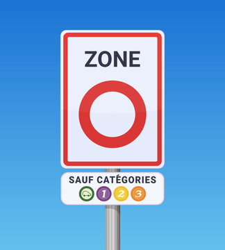 Panneau de d&eacute;but de Zone &agrave; Faibles &Eacute;missions (ZFE) fran&ccedil;aise avec les vignettes CRIT'AIR 0 &agrave; 3 autoris&eacute;es