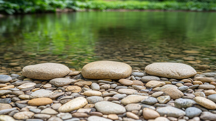 Calm Riverbank with Gentle Ripples and Smooth Stones for Nature-Inspired Serenity
