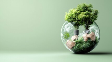 A vibrant glass terrarium showcasing lush greenery, rocks, and miniature trees, set against a soft green background, symbolizing nature and tranquility.