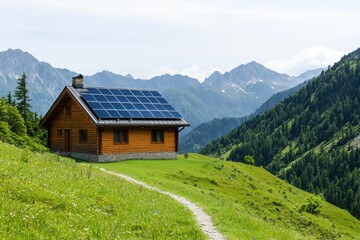 Fototapeta premium Modern wooden house with solar panels in green mountain landscape