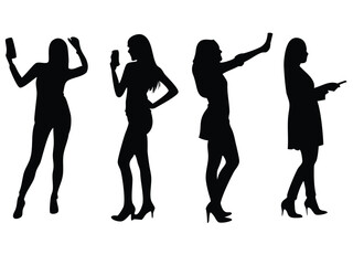 A set of women taking selfie vector silhouette illustration