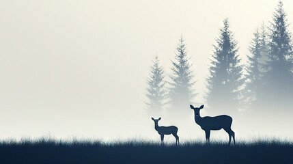 Fototapeta premium Two deer stand atop a green meadow adjacent to a dense pine tree forest