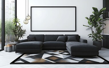 Modern minimalist living room interior design with dark gray sectional sofa, geometric rug, large framed artwork, and potted plants.
