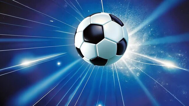 Soccer ball scoring a goal with a dynamic background of sparkles and light, representing energy and victory in sports.