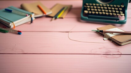 Fototapeta premium Pink Wooden Desk with Vintage Typewriter, Notebooks, Pens and Pencils - Writer's Workspace, Creative Writing, Office Supplies