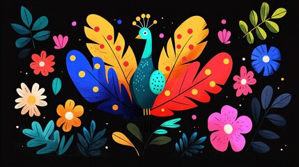 Fototapeta premium Colorful bird painting with polka dots surrounded by flowers and leaves on black background