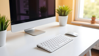Modern workspace with computer, keyboard, mouse, and potted plants in a bright room 