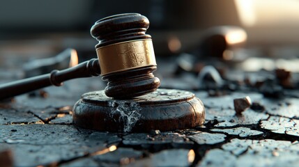 A detailed gavel rests on a cracked surface, symbolizing justice and the legal system's challenges, with a soft light illuminating the scene.