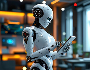 a robot holding a remote control device