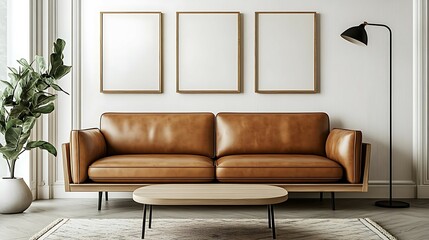 Fototapeta premium Tan leather sofa, wooden coffee table, three empty frames, floor lamp, plant in a living room.