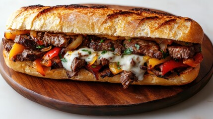 A large sandwich with meat and cheese on a wooden board