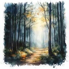 Naklejka premium Enchanted Forest Path with Soft Light and Misty Atmosphere