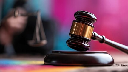 A gavel rests on a wooden surface, symbolizing justice, with a blurred background featuring a scale, representing law and legal proceedings.